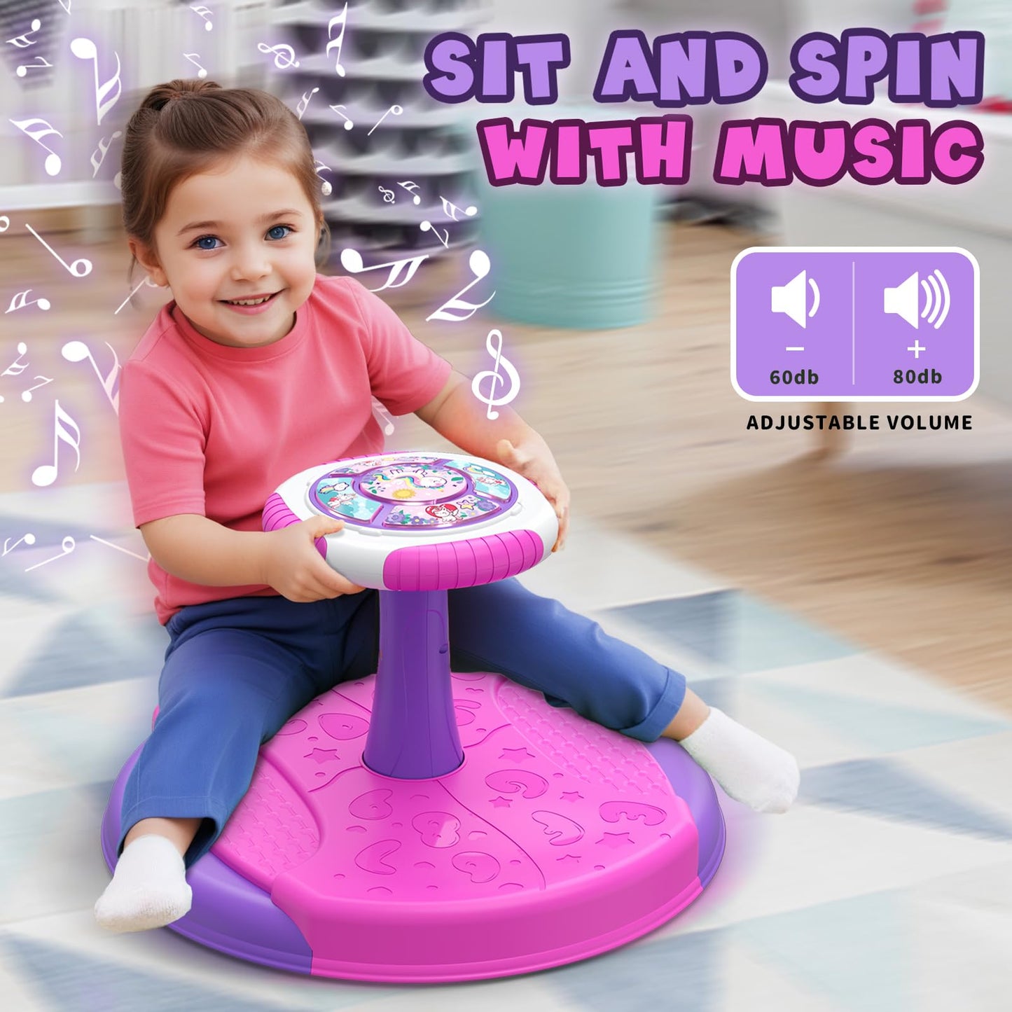 HYES Unicorn Sit and Spin Toy for Toddlers 1-3 | 360° Spin, LED Lights & Music