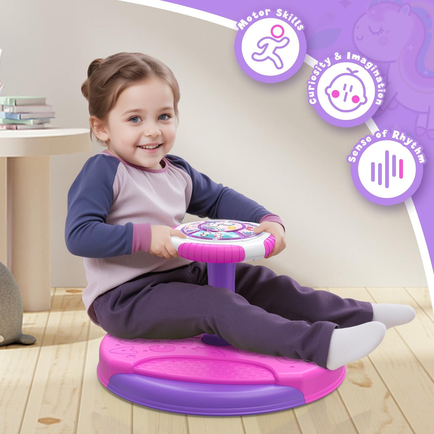 HYES Unicorn Sit and Spin Toy for Toddlers 1-3 | 360° Spin, LED Lights & Music