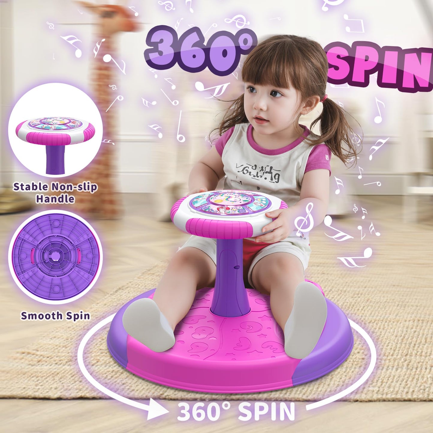 HYES Unicorn Sit and Spin Toy for Toddlers 1-3 | 360° Spin, LED Lights & Music