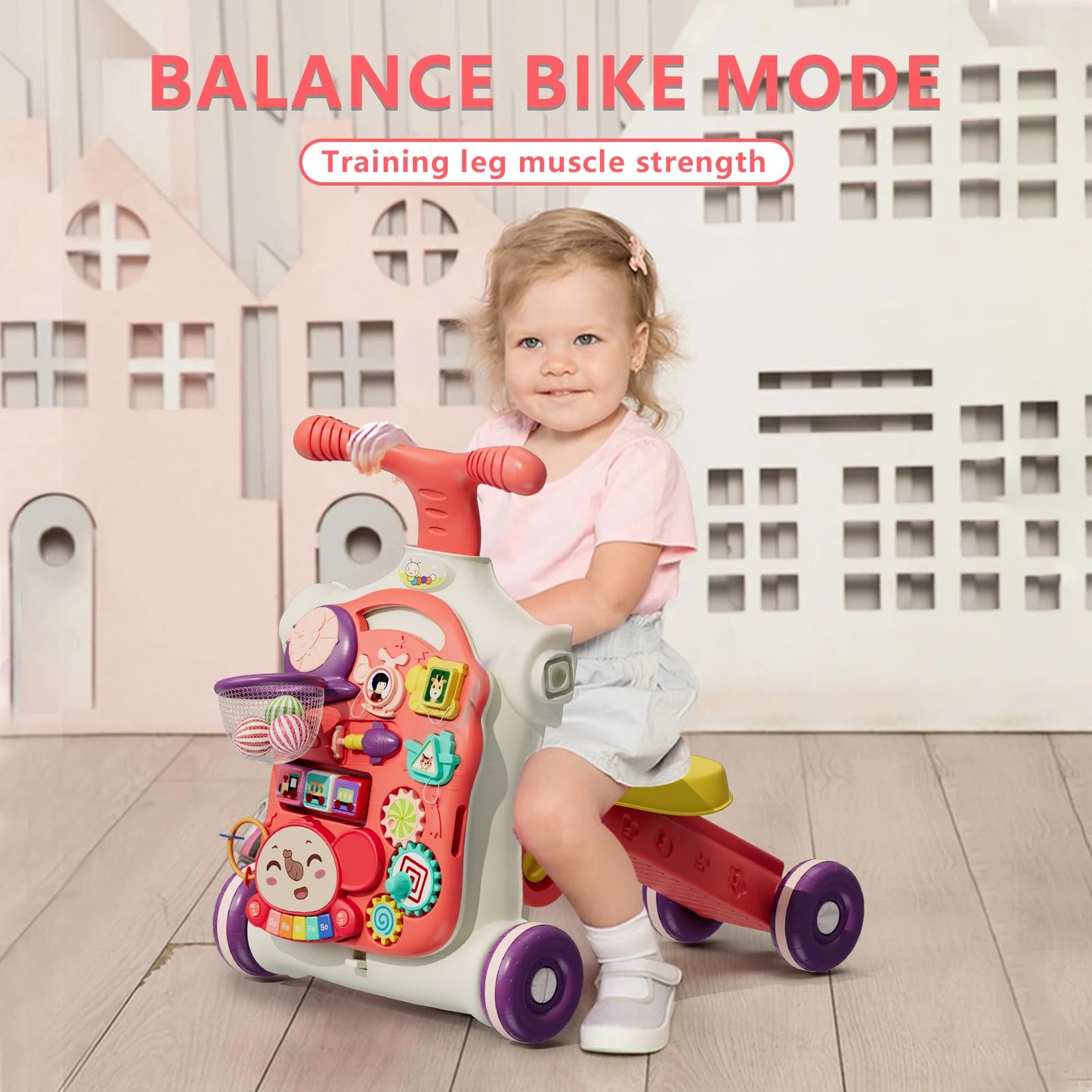 HYES Upgraded 5-in-1 Baby Walker & Activity Center for Baby Girls – Red