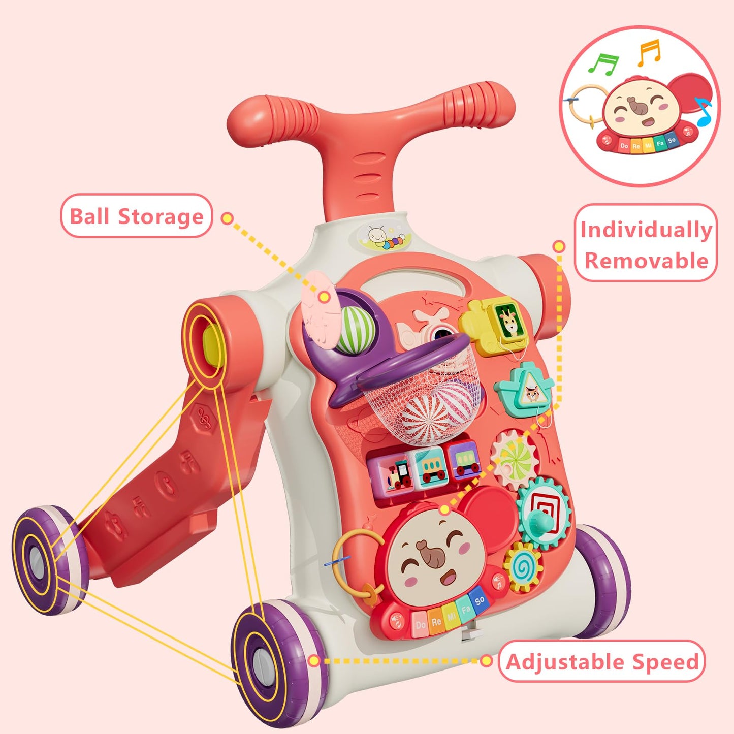 HYES Upgraded 5-in-1 Baby Walker & Activity Center for Baby Girls – Red
