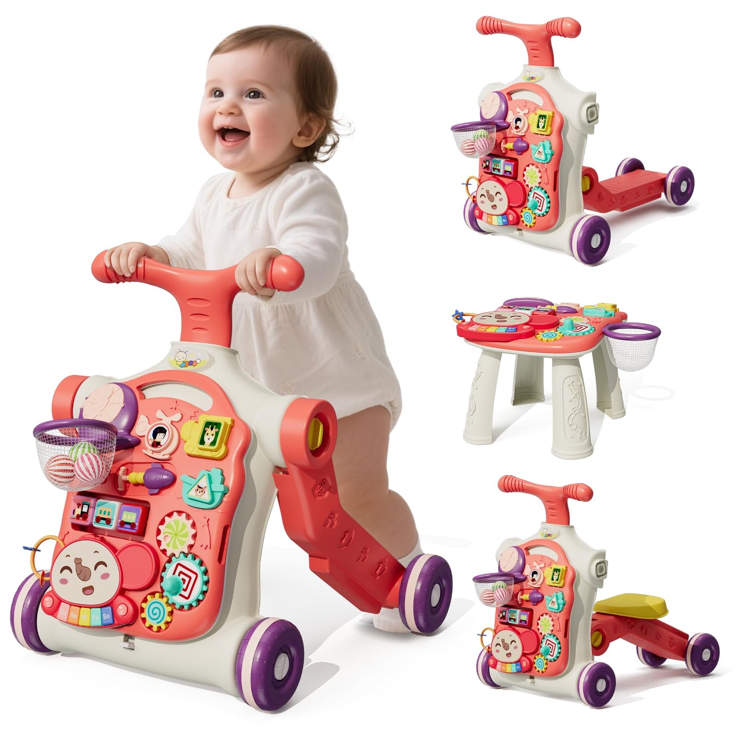 HYES Upgraded 5-in-1 Baby Walker & Activity Center for Baby Girls – Red