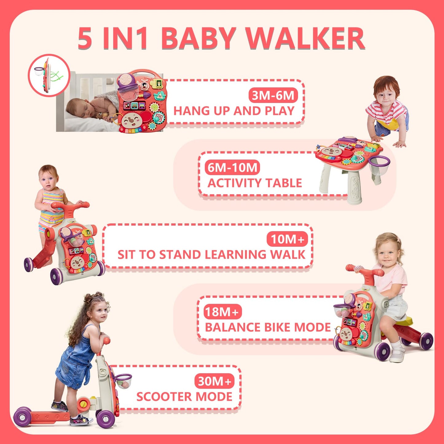 HYES Upgraded 5-in-1 Baby Walker & Activity Center for Baby Girls – Red