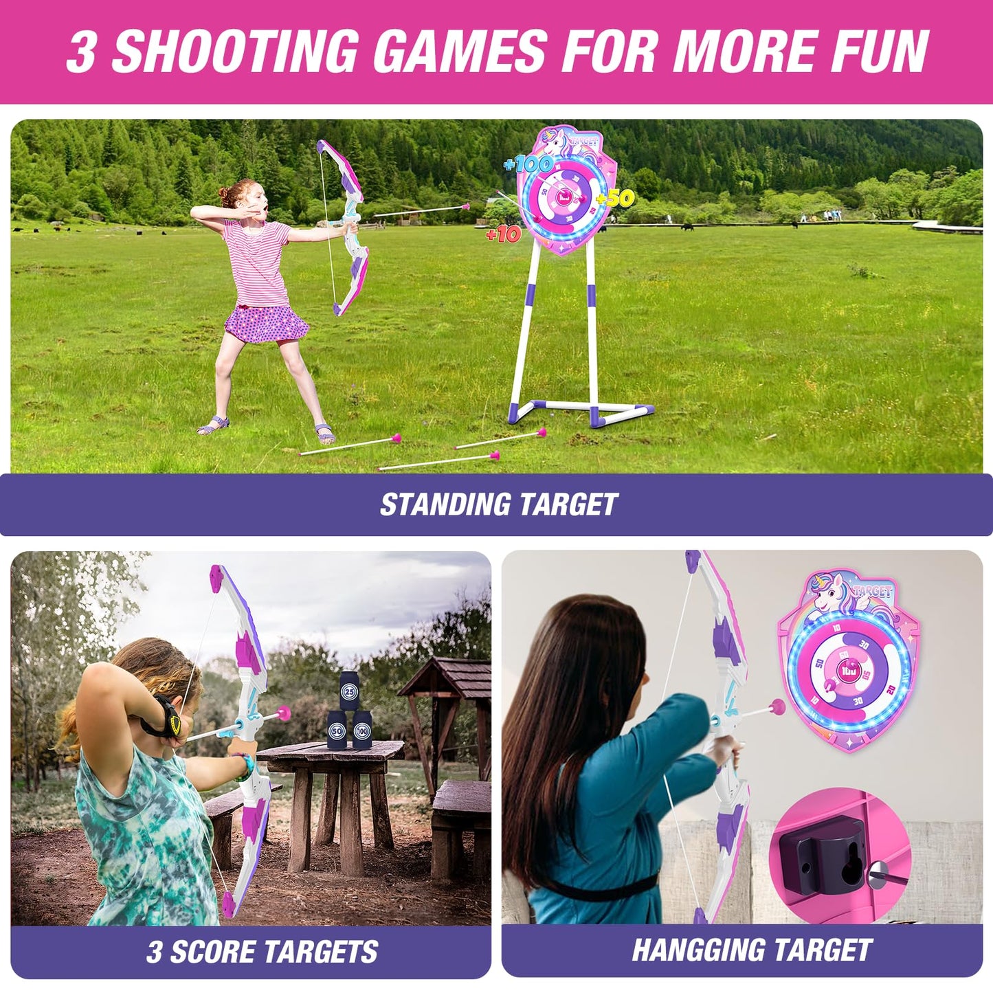 HYES LED Unicorn Archery Set for Kids – 2 Bows, Glow Target, 24 Arrows