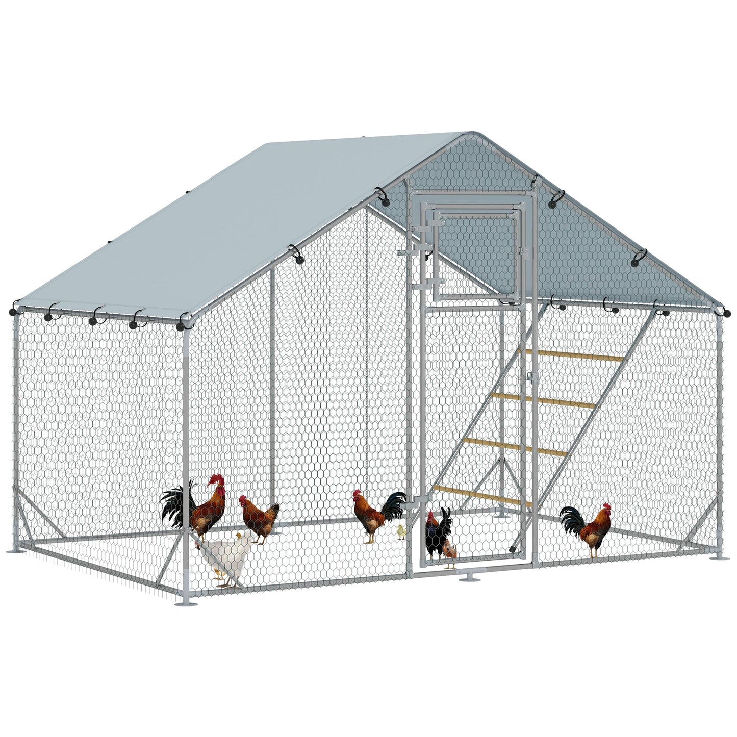 PawHut Walk in Chicken Run w/ Cover, Hanging Feeder, Perch, for 6-8 Chickens