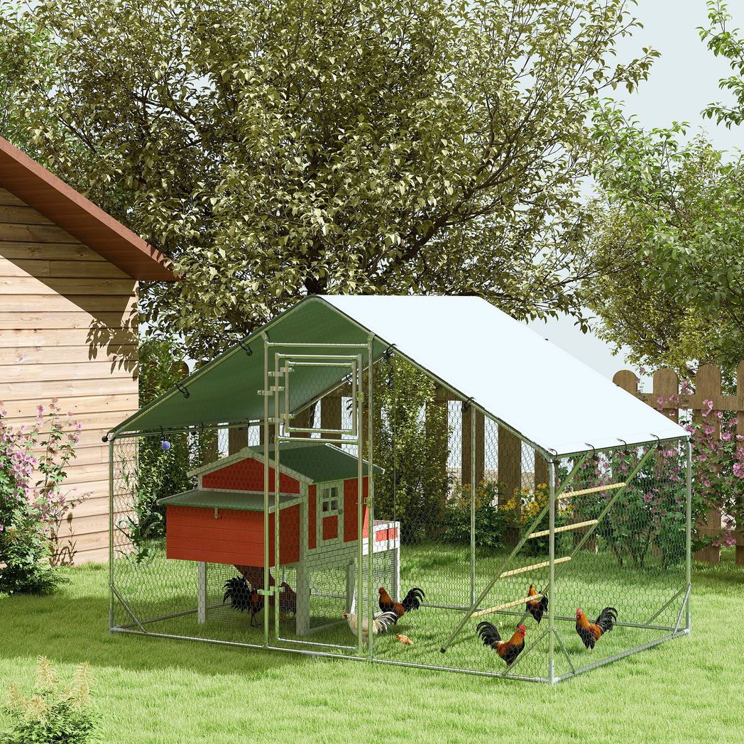 PawHut Walk in Chicken Run w/ Cover, Hanging Feeder, Perch, for 6-8 Chickens