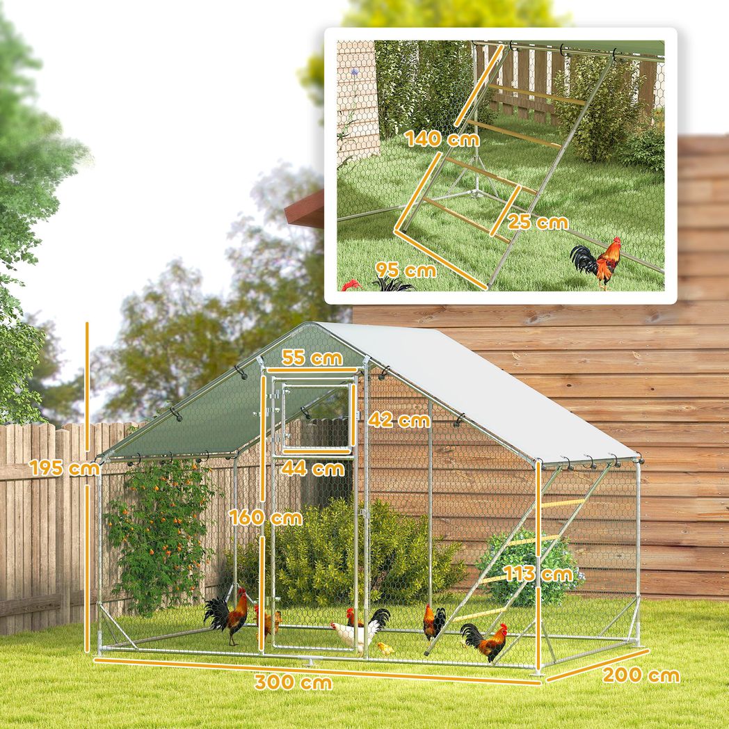 PawHut Walk in Chicken Run w/ Cover, Hanging Feeder, Perch, for 6-8 Chickens
