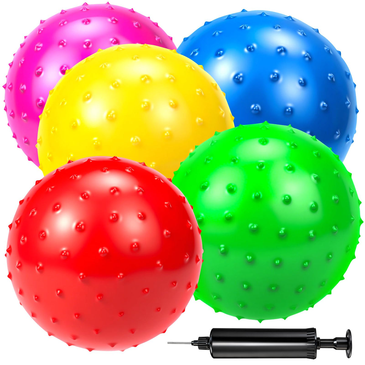 Hymaz Knobby Balls Bulk – 9-Inch Soft Bouncy Sensory Balls, Set of 5 with Pump