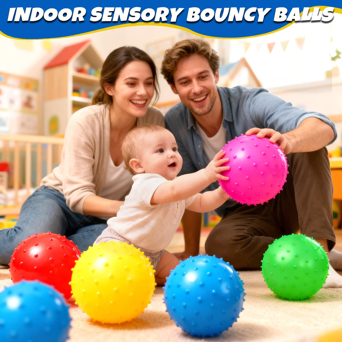 Hymaz Knobby Balls Bulk – 9-Inch Soft Bouncy Sensory Balls, Set of 5 with Pump