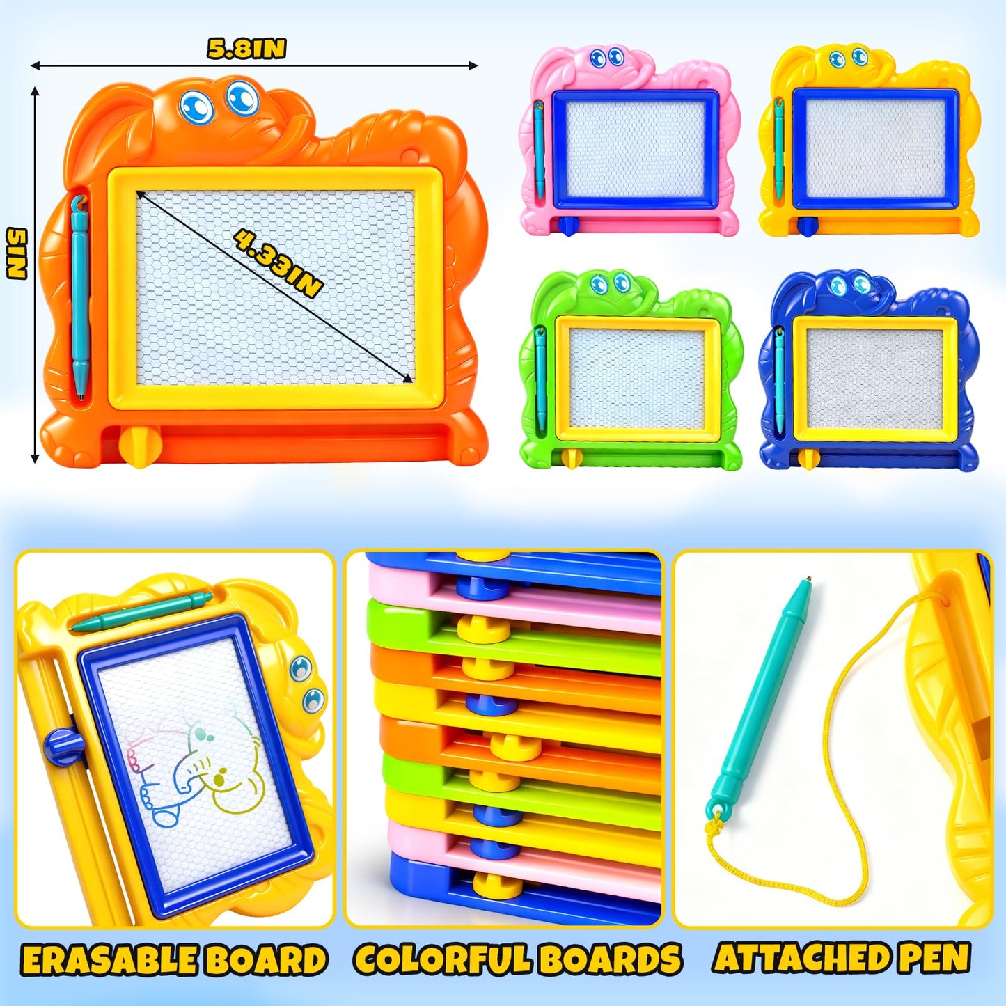 Hymaz 15 Pack Magnetic Drawing Board for Kids – Colorful Erasable Doodle Tablet (Travel Toy)