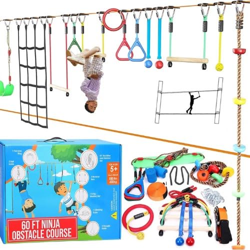 Hyponix Ninja Obstacle Course for Kids – 2x60ft Slacklines, 13 Weatherproof Obstacles, 880 lbs