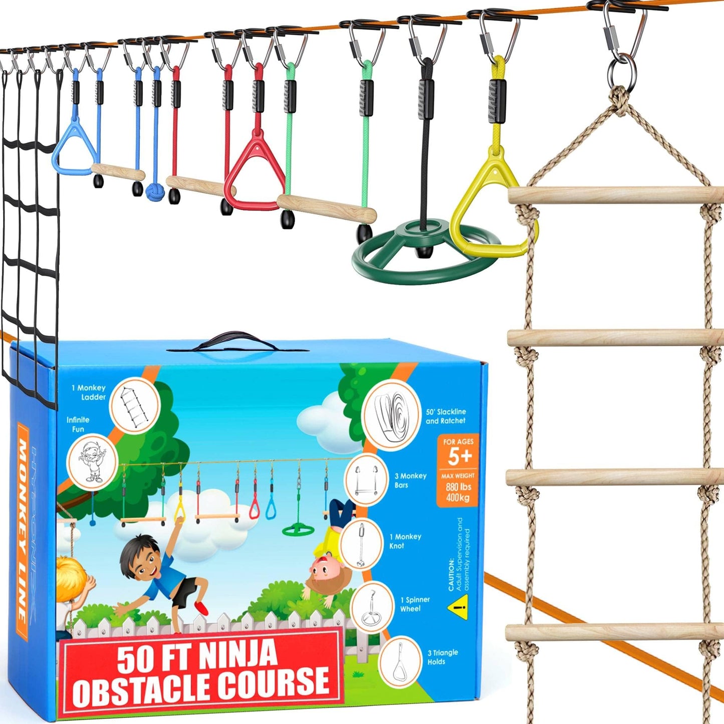 Hyponix Sporting Ninja Warrior Obstacle Course for Kids — 2x50 ft Slacklines & 10 Weatherproof Obstacles