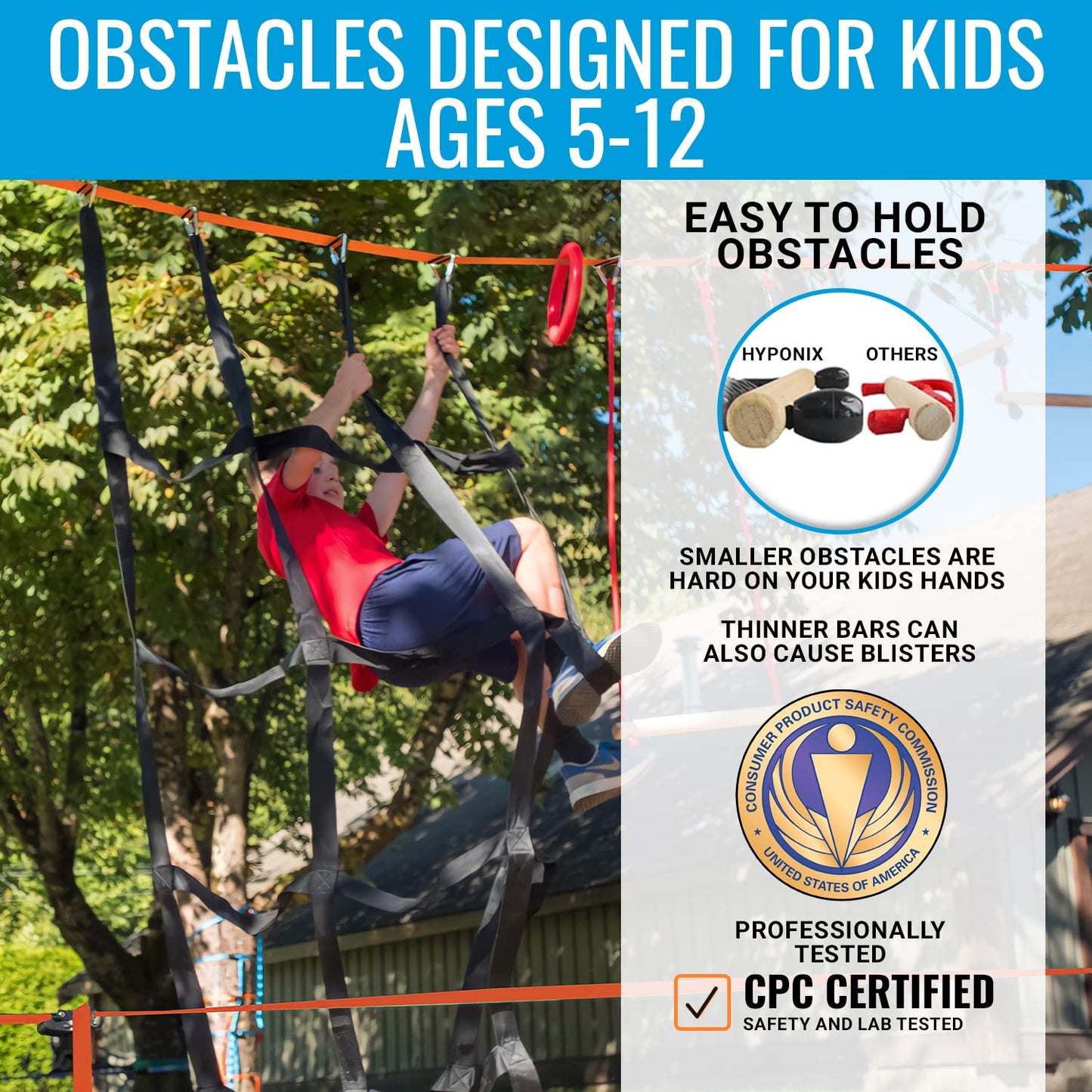 Hyponix Ninja Obstacle Course for Kids – 2x60ft Slacklines, 13 Weatherproof Obstacles, 880 lbs