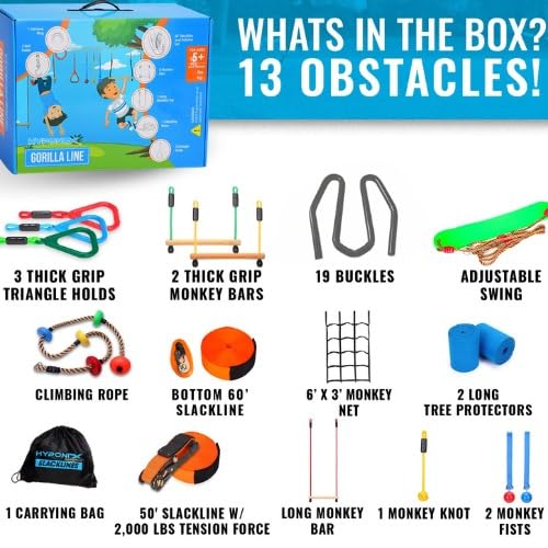 Hyponix Ninja Obstacle Course for Kids – 2x60ft Slacklines, 13 Weatherproof Obstacles, 880 lbs