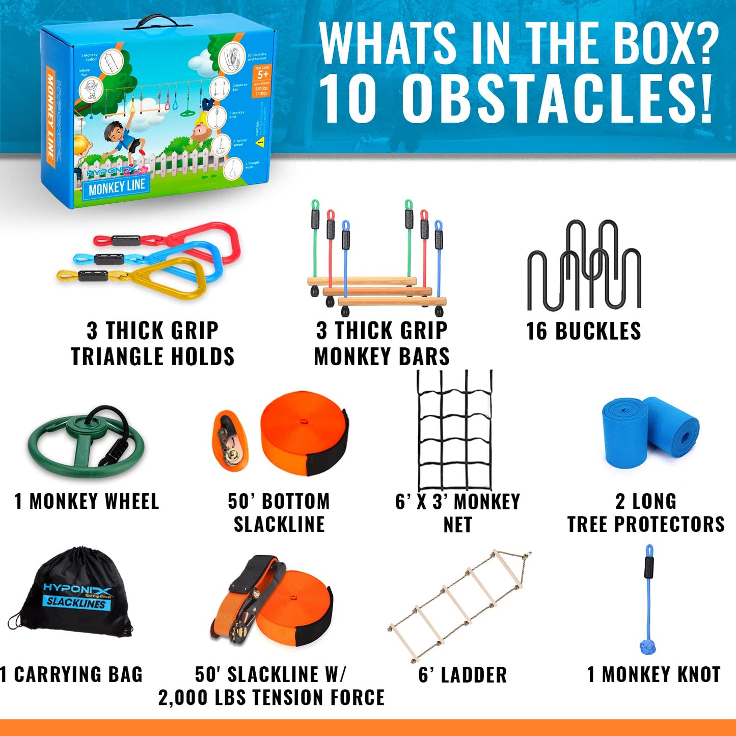 Hyponix Sporting Ninja Warrior Obstacle Course for Kids — 2x50 ft Slacklines & 10 Weatherproof Obstacles