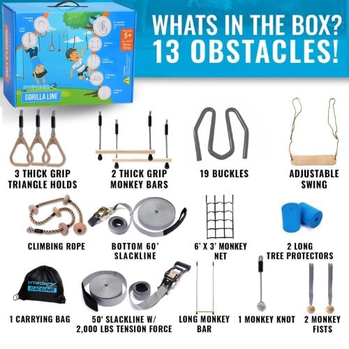 Hyponix Ninja Obstacle Course for Kids – 2x60ft Slacklines & 13 Weatherproof Obstacles