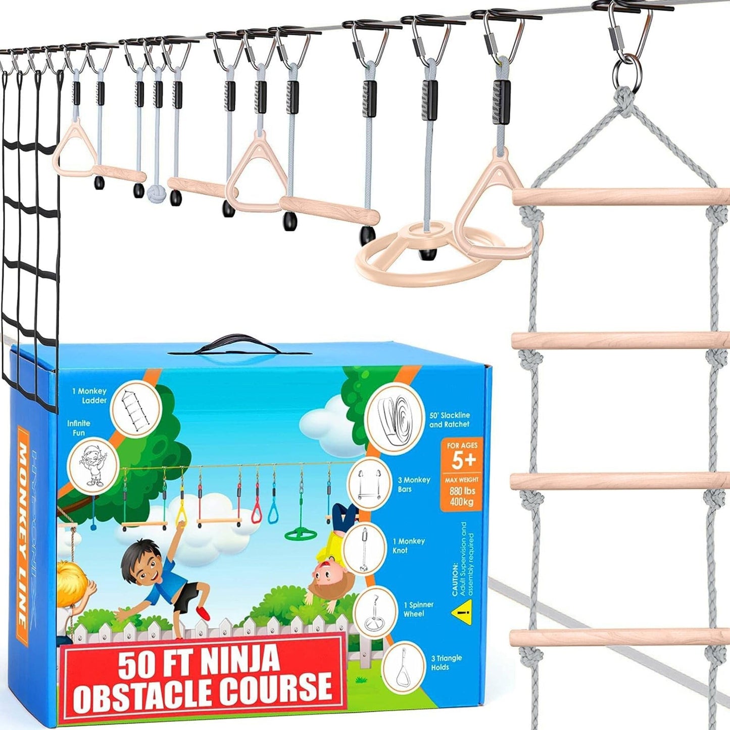 Hyponix Sporting Ninja Warrior Obstacle Course for Kids – 2x50 ft Slacklines & 10 Weatherproof Obstacles