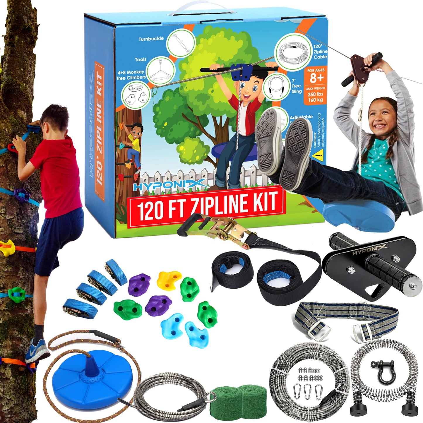 Hyponix Sporting Zip Line Kit for Kids and Adults – 100–200 ft, Up to 350 lbs, Quick Setup, Rustproof Stainless Steel