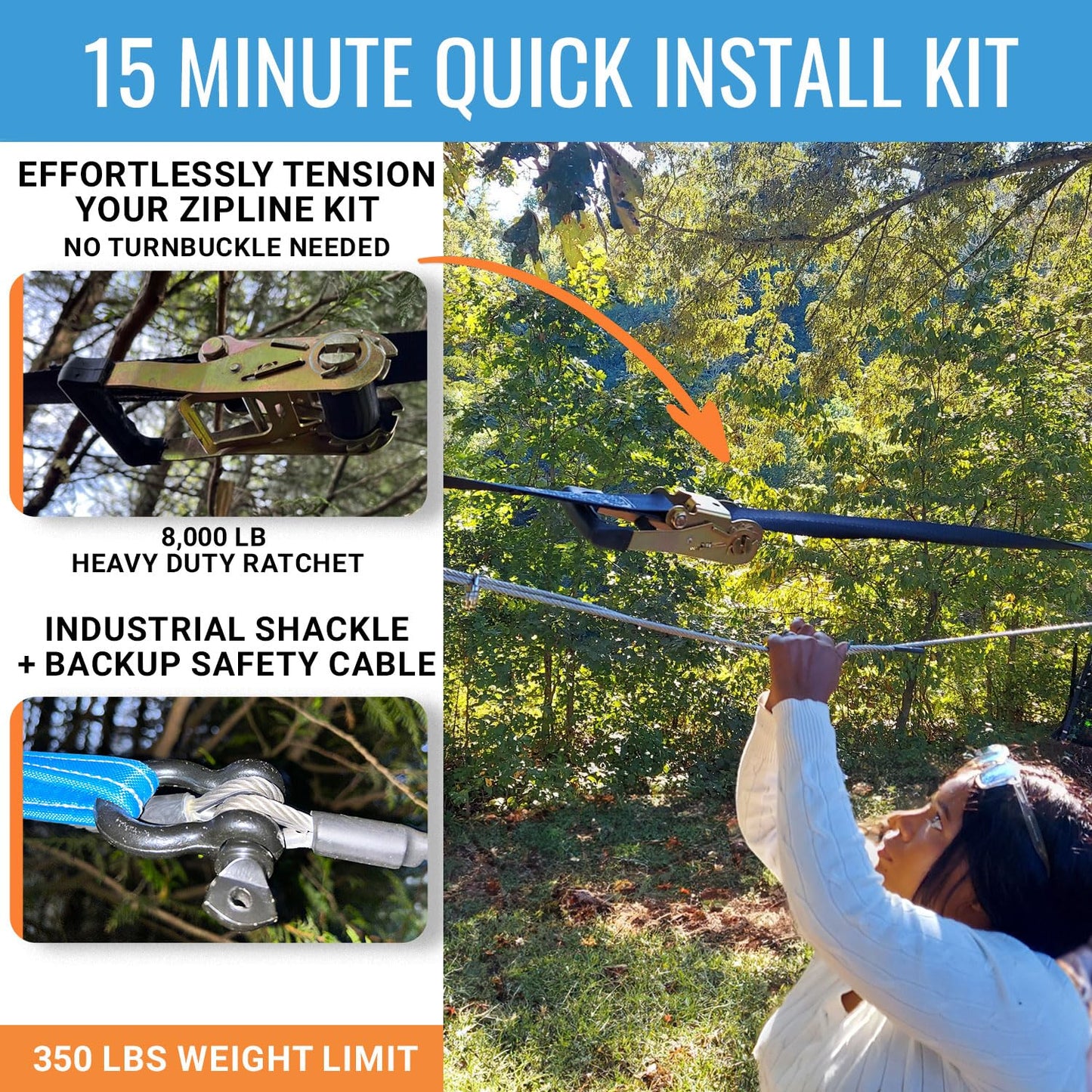 Hyponix Sporting Zip Line Kit for Kids and Adults – 100–200 ft, Up to 350 lbs, Quick Setup, Rustproof Stainless Steel