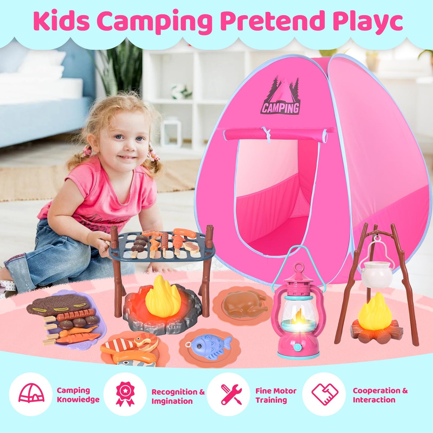 HYRENEE Kids Camping Set with Play Tent Campfire Lantern for Indoor Outdoor Fun