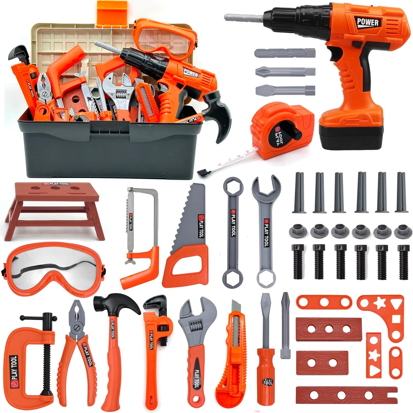 HYRENEE Kids Tool Set – 48-Piece Pretend Play Kit with Electric Drill & Toolbox (Ages 3-5)