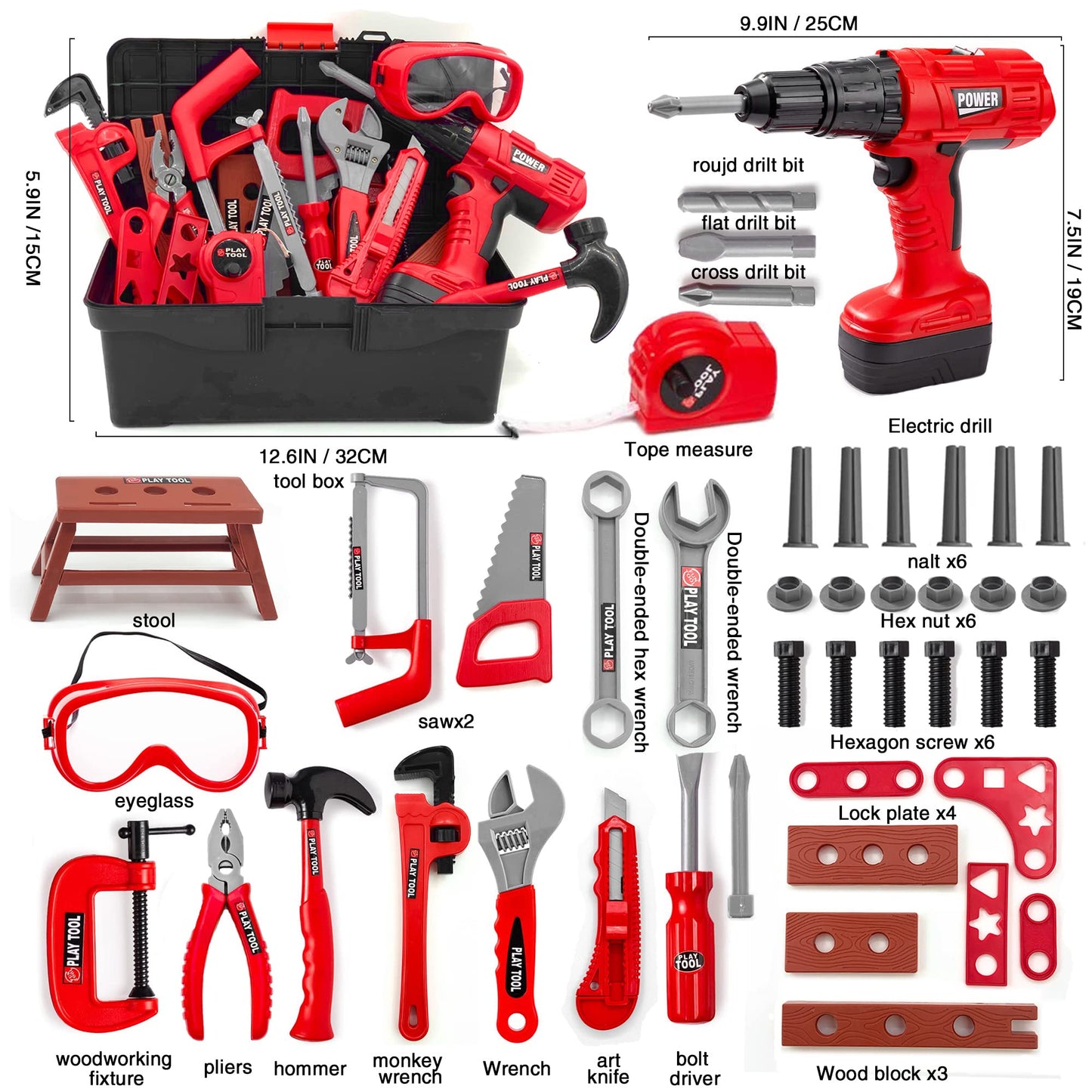 HYRENEE Kids Tool Set – 48-Piece Toolbox with Electric Drill