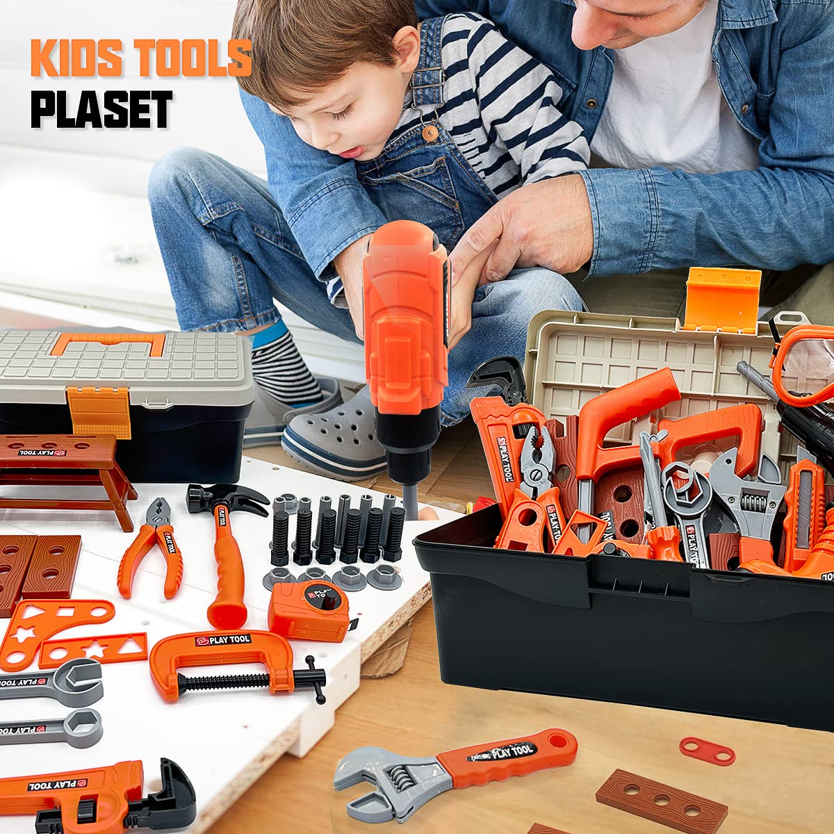 HYRENEE Kids Tool Set – 48-Piece Pretend Play Kit with Electric Drill & Toolbox (Ages 3-5)