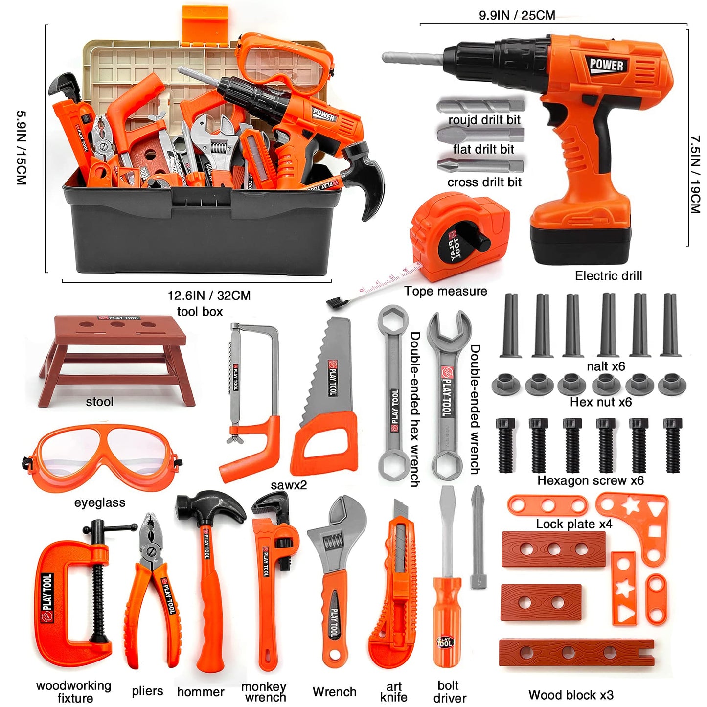 HYRENEE Kids Tool Set – 48-Piece Pretend Play Kit with Electric Drill & Toolbox (Ages 3-5)