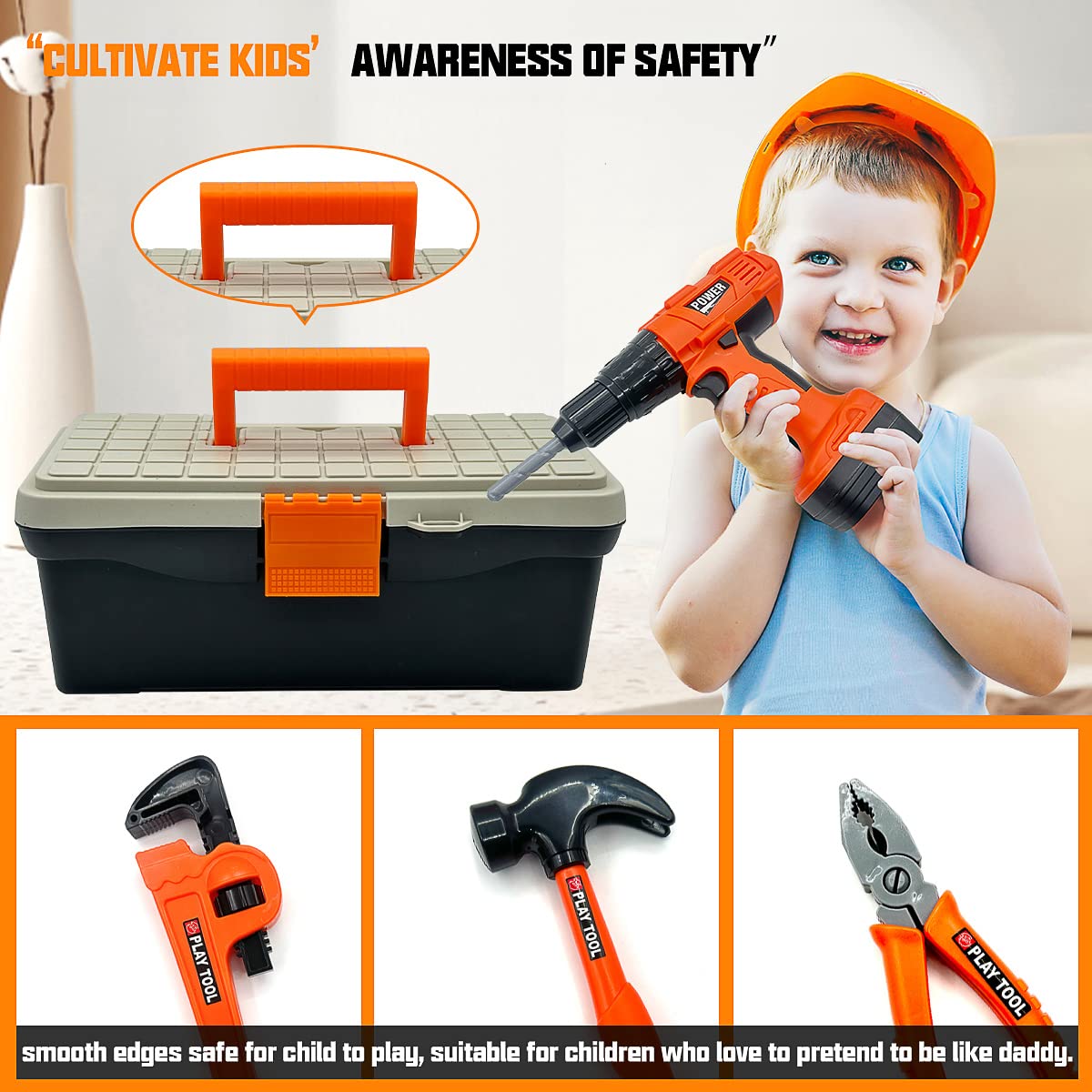 HYRENEE Kids Tool Set – 48-Piece Pretend Play Kit with Electric Drill & Toolbox (Ages 3-5)