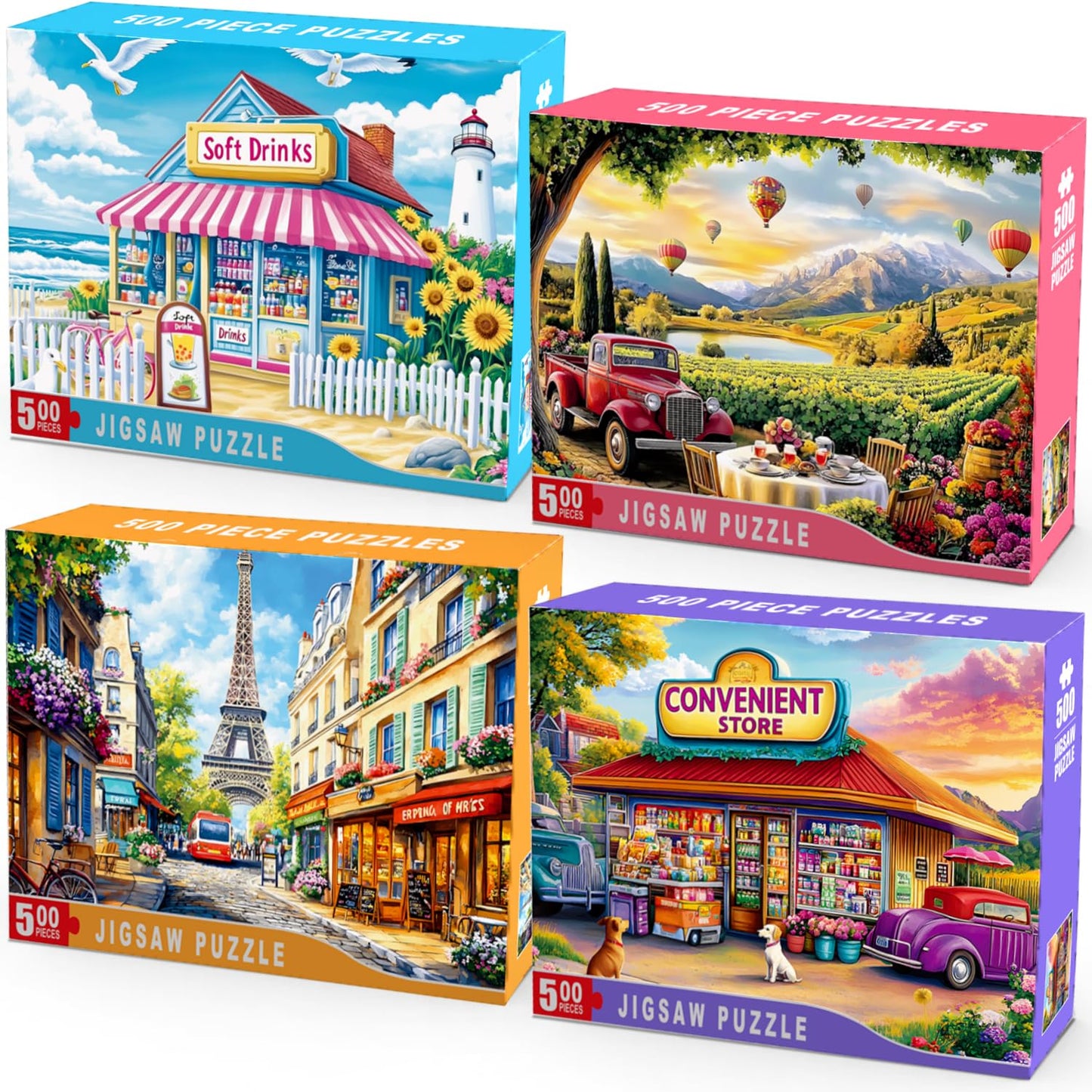 HYXCHQA 4 Pack 500-Piece Scenic Puzzles for Adults — Beach Store, Vineyard Picnic, Paris Street View, Retro Convenience Shop