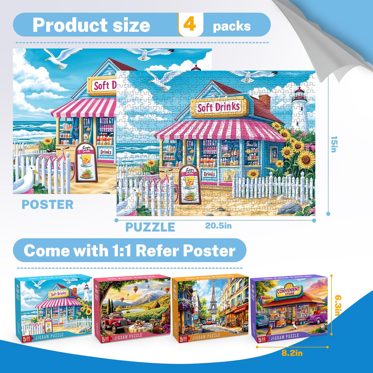HYXCHQA 4 Pack 500-Piece Scenic Puzzles for Adults — Beach Store, Vineyard Picnic, Paris Street View, Retro Convenience Shop