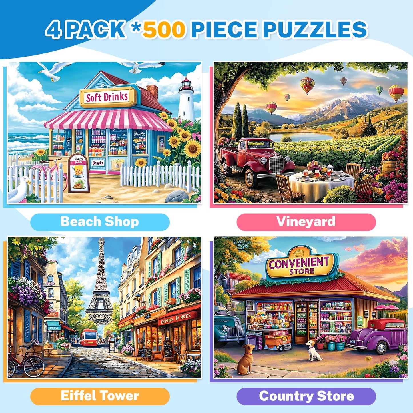 HYXCHQA 4 Pack 500-Piece Scenic Puzzles for Adults — Beach Store, Vineyard Picnic, Paris Street View, Retro Convenience Shop