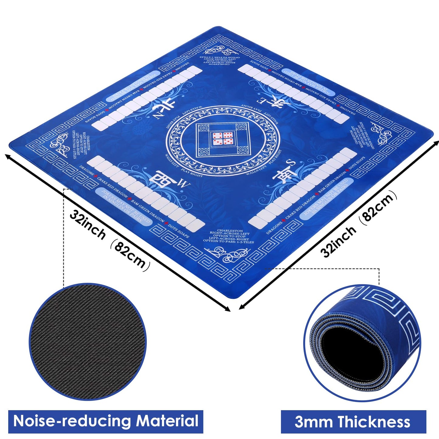 HYXFJITS Mahjong Table Mat 32.4x32.4 in Non-Slip, Noise-Reducing, Portable with Bag – Blue