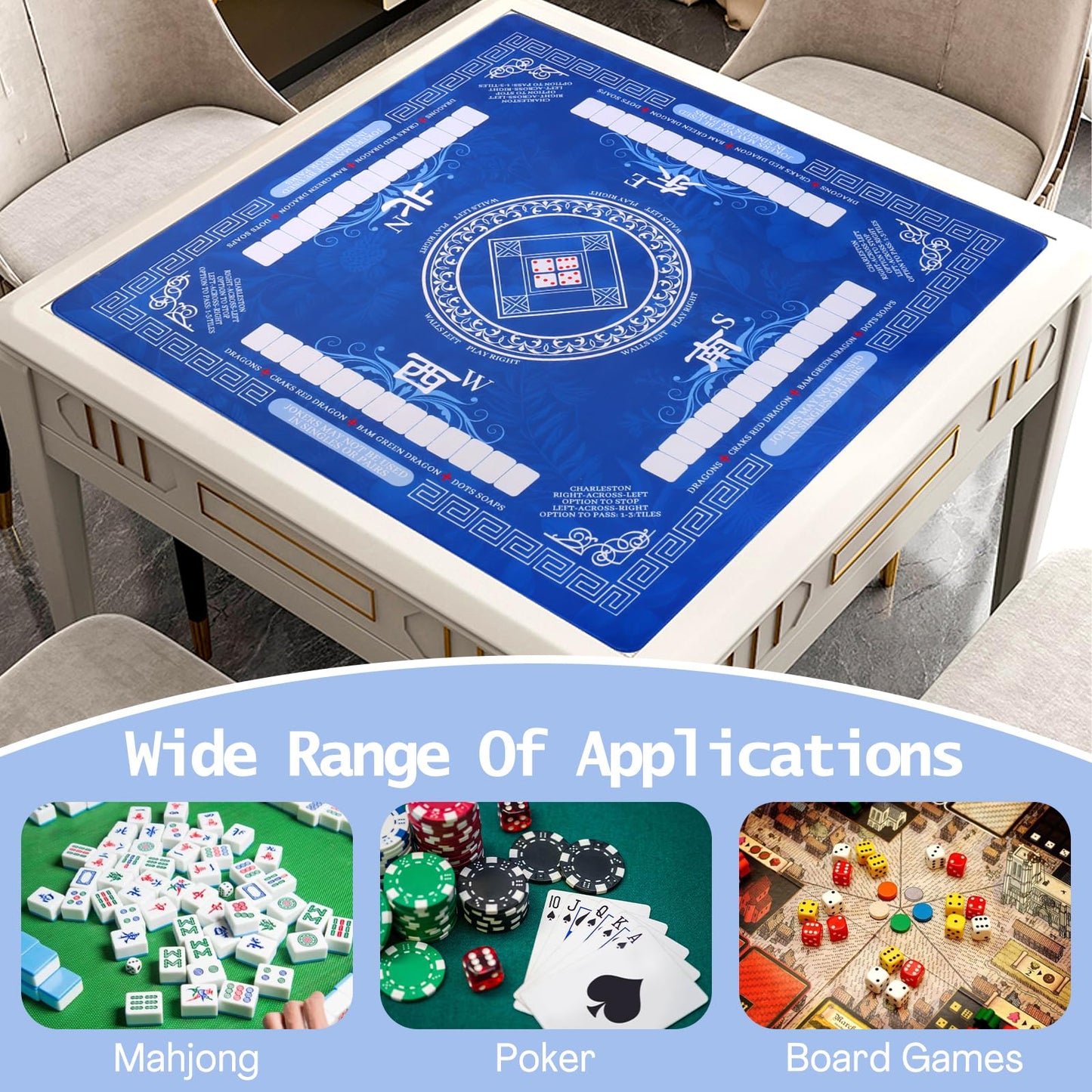 HYXFJITS Mahjong Table Mat 32.4x32.4 in Non-Slip, Noise-Reducing, Portable with Bag – Blue
