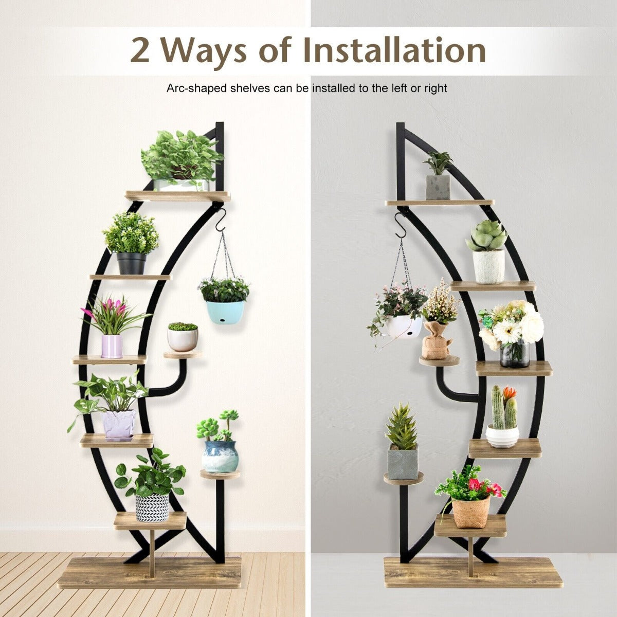 8-Tier Tall Wooden Curved Half-Moo Shape Plant Stand with Top Hook-White