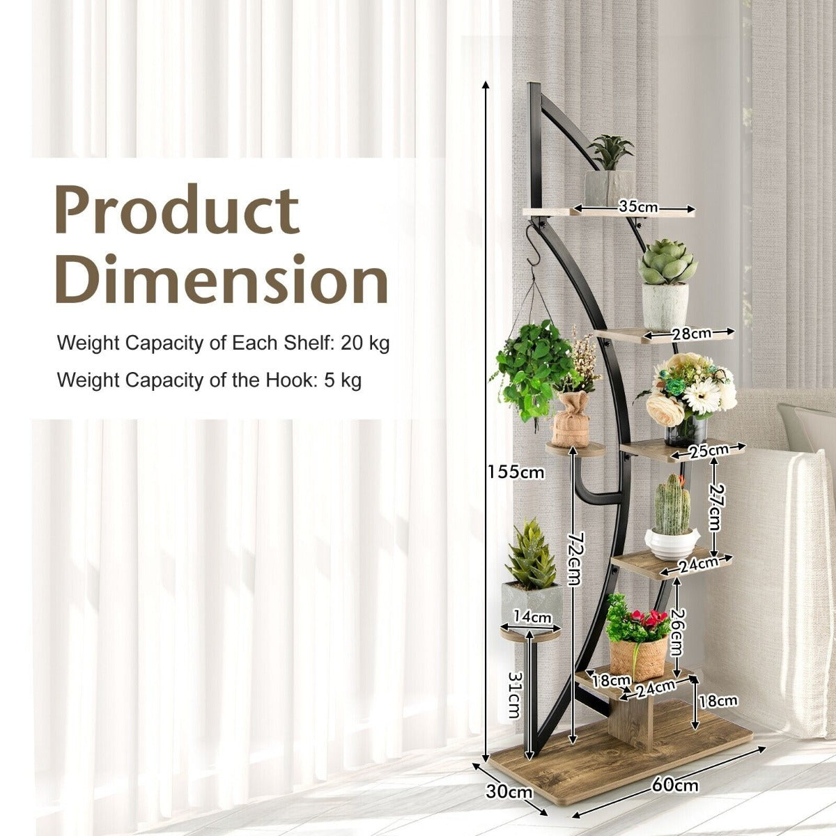 8-Tier Tall Wooden Curved Half-Moo Shape Plant Stand with Top Hook-White