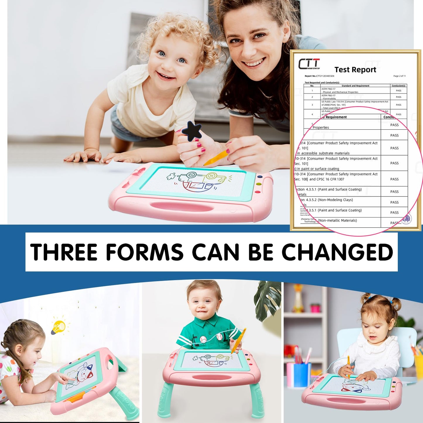 HZZILEY Magnetic Doodle Board for 3 Year Olds – 4-Color Zones, Erasable Sketch Board with Pen & Stamps