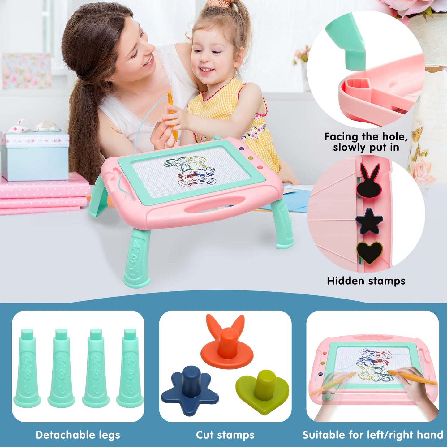 HZZILEY Magnetic Doodle Board for 3 Year Olds – 4-Color Zones, Erasable Sketch Board with Pen & Stamps