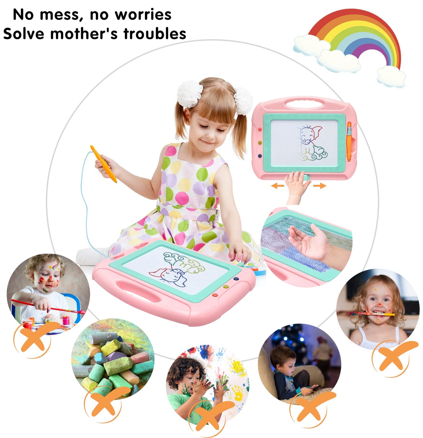 HZZILEY Magnetic Doodle Board for 3 Year Olds – 4-Color Zones, Erasable Sketch Board with Pen & Stamps
