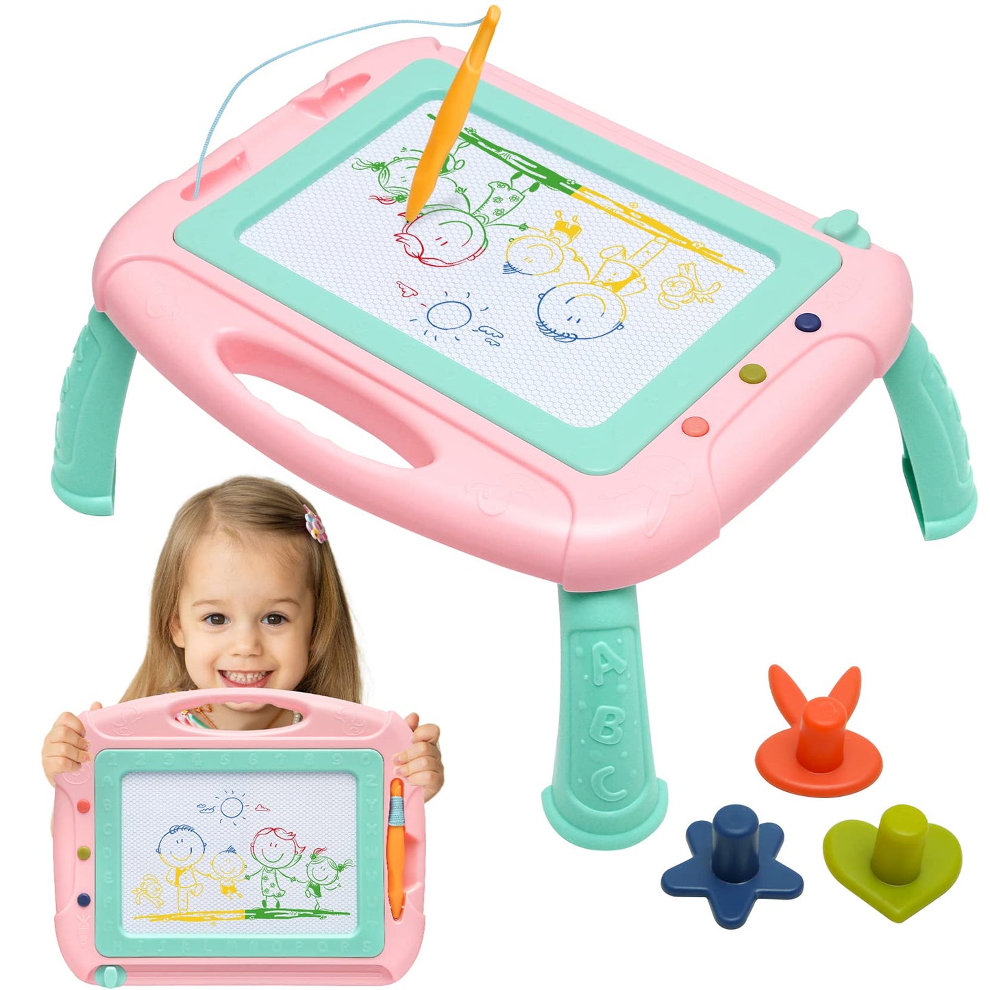 HZZILEY Magnetic Doodle Board for 3 Year Olds – 4-Color Zones, Erasable Sketch Board with Pen & Stamps