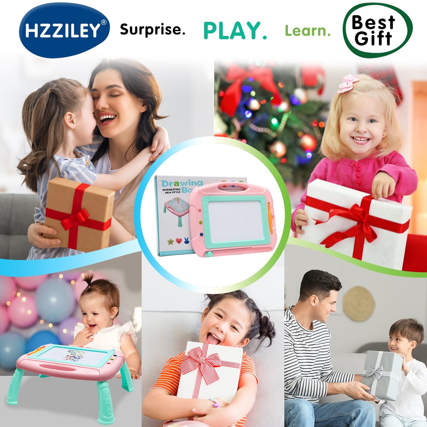 HZZILEY Magnetic Doodle Board for 3 Year Olds – 4-Color Zones, Erasable Sketch Board with Pen & Stamps