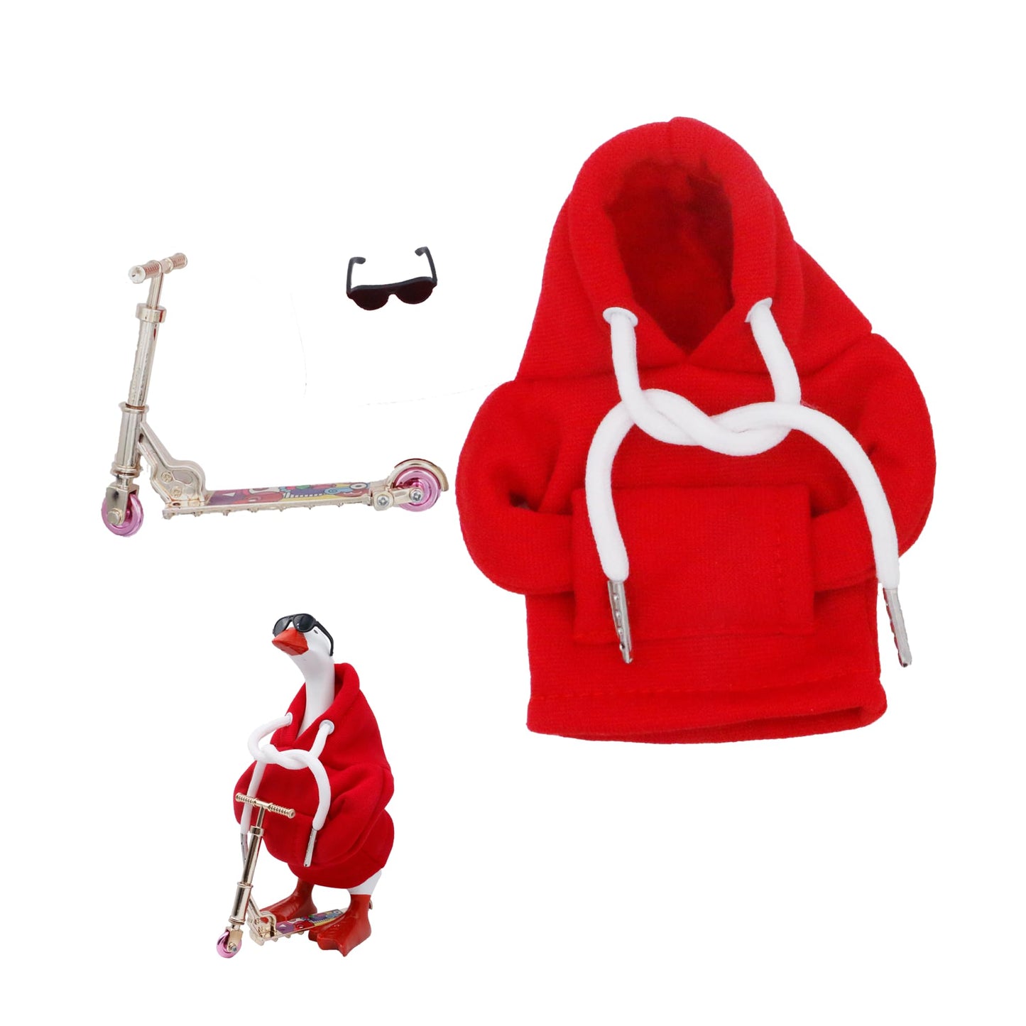 i-Beeboo 3Pcs 7-Inch Desktop Goose Outfits Set: Red Hoodie, Scooter & Sunglasses