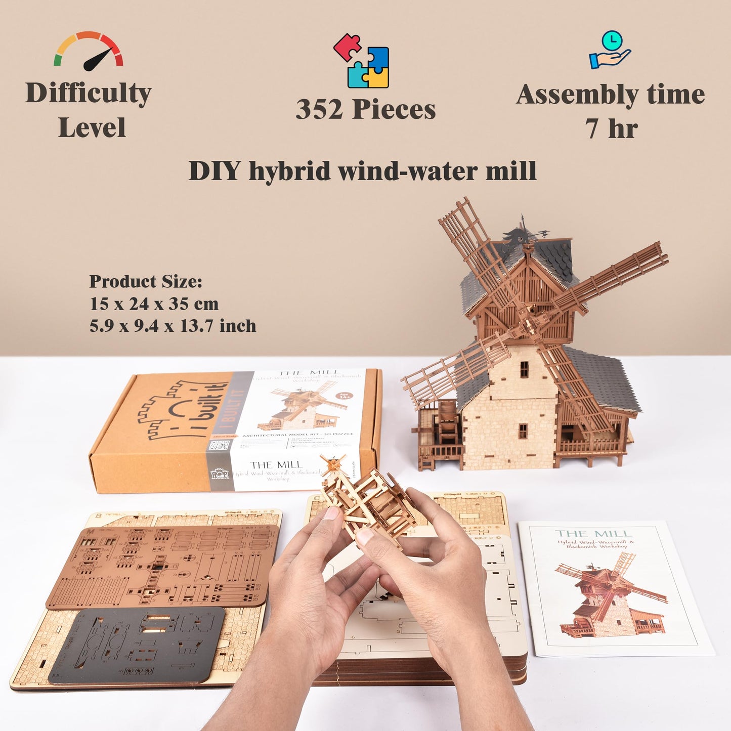 I BUILT IT Wooden Mill-Hybrid Medieval Windmill & Watermill Model Kit – 352 Pcs, 8–9 Hour Build