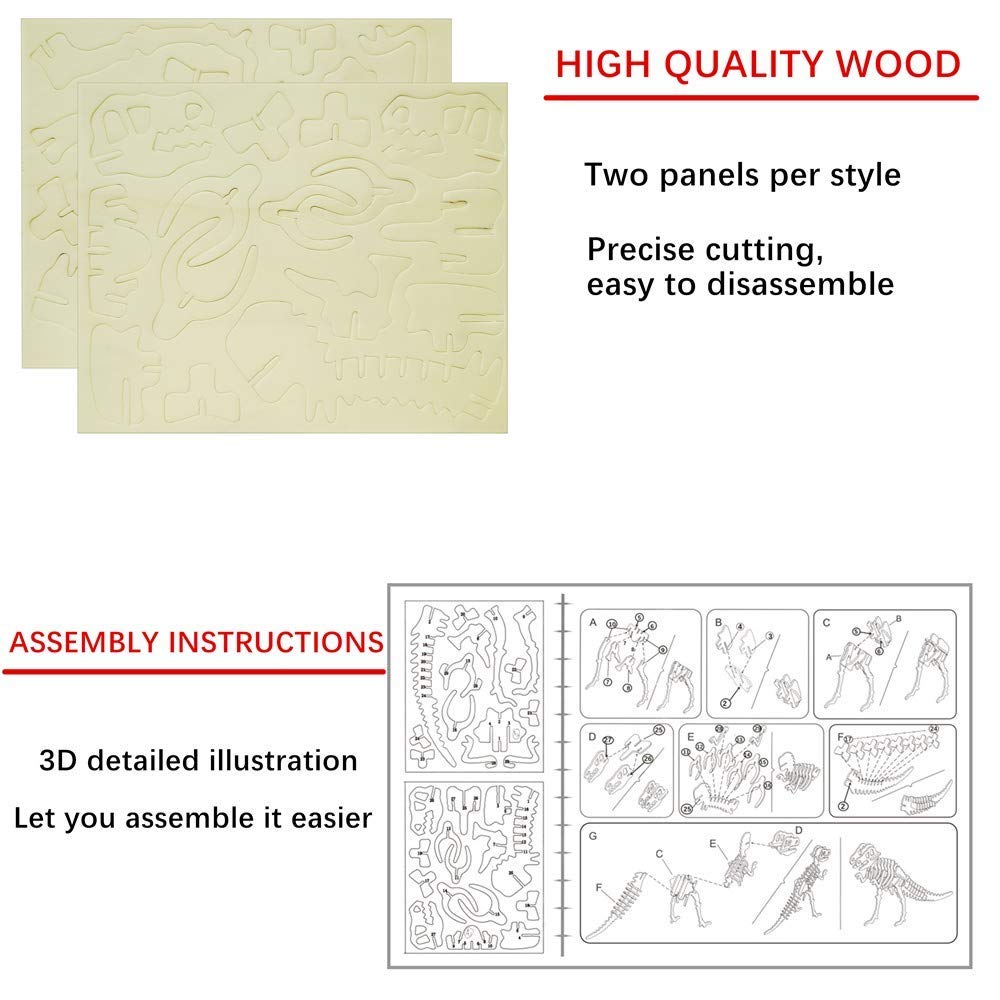 i-CHONY 3D Dinosaur Puzzle Kit — 6 Wooden Skeleton Models for STEM Learning