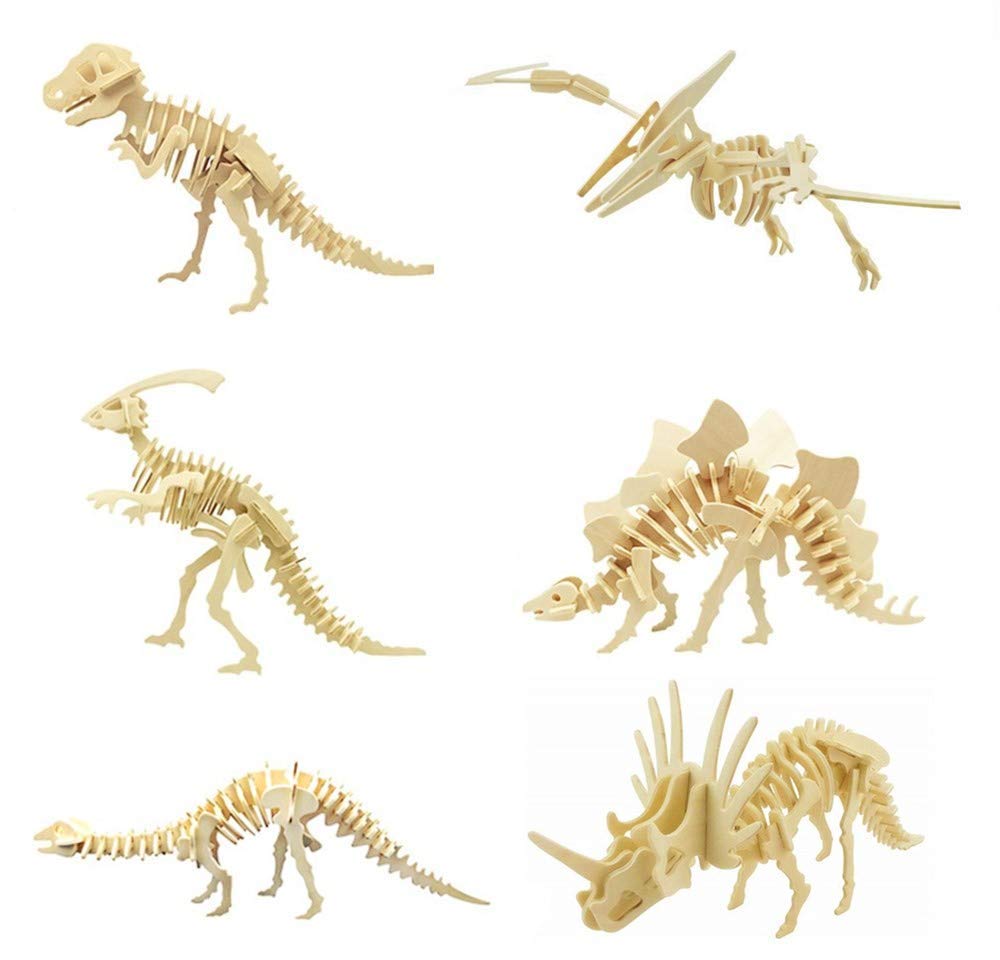 i-CHONY 3D Dinosaur Puzzle Kit — 6 Wooden Skeleton Models for STEM Learning