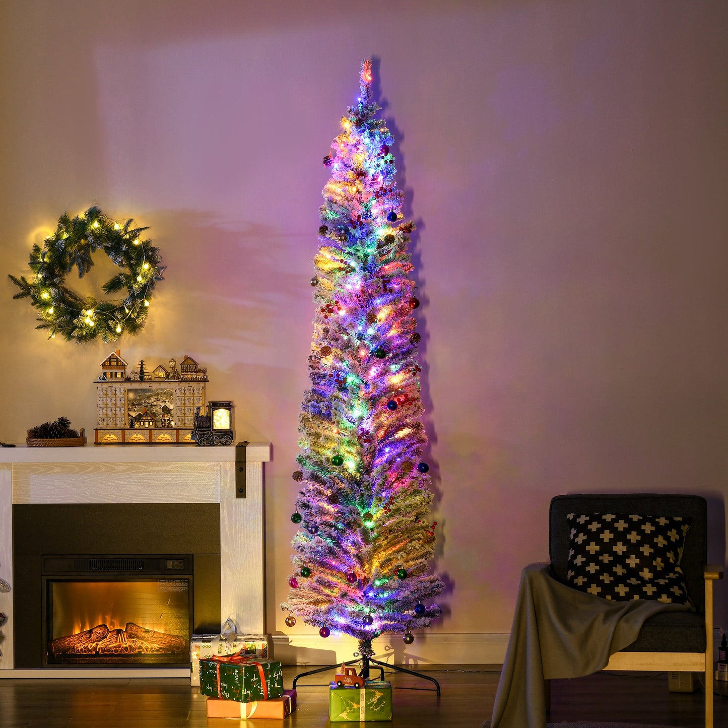 HOMCOM 6' Artificial Christmas Tree with Flocked Tips, LED Lights, Decoration