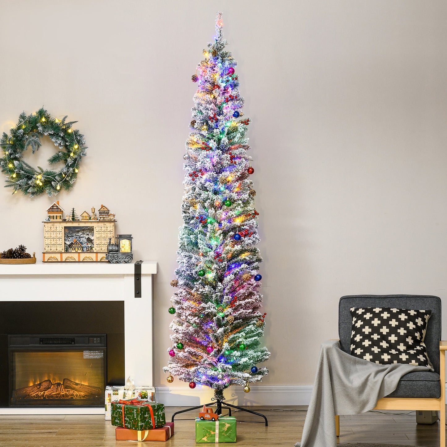 HOMCOM 6' Artificial Christmas Tree with Flocked Tips, LED Lights, Decoration