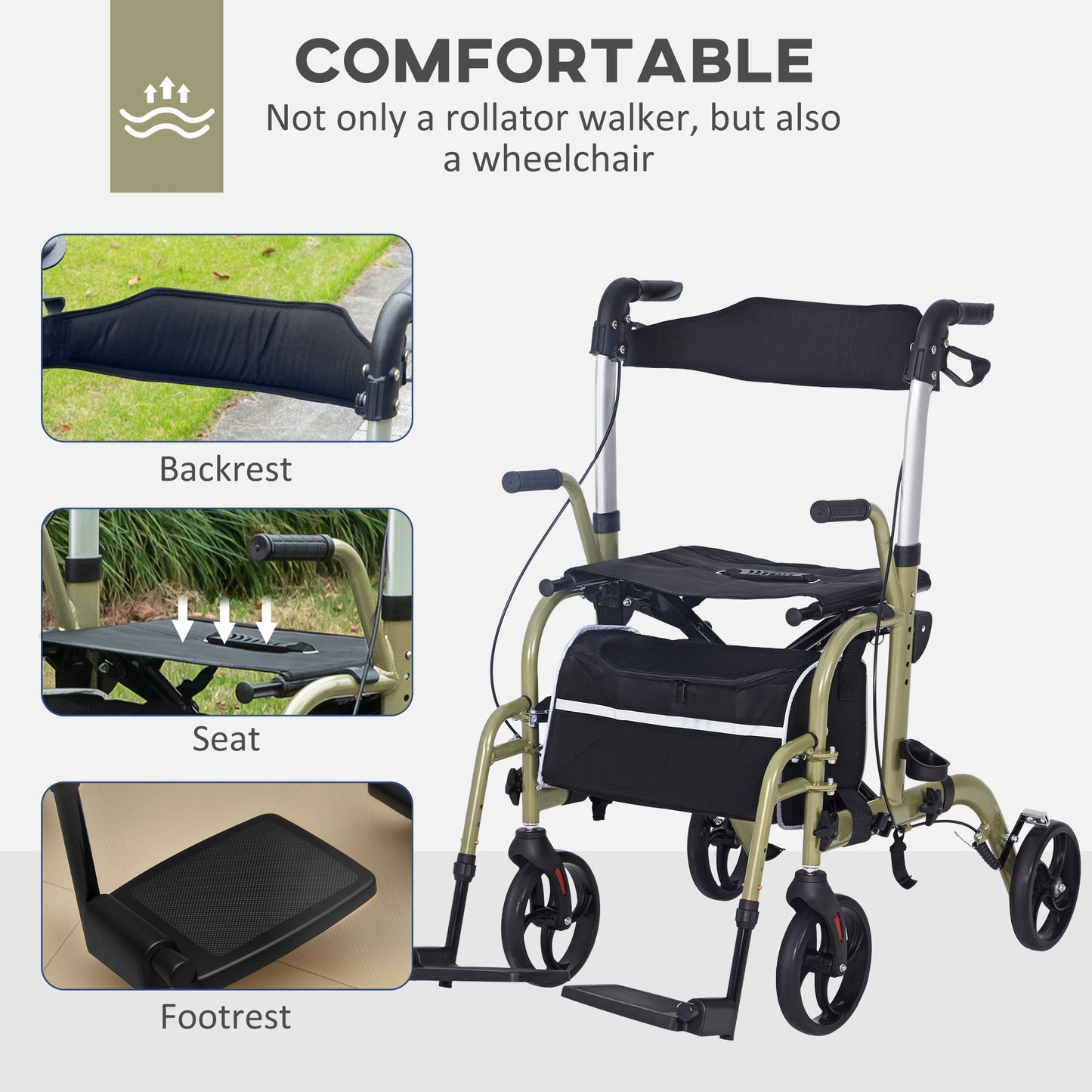 HOMCOM 2 in 1 Wheelchair & Folding Rollator Walker Combo, Yellow-green