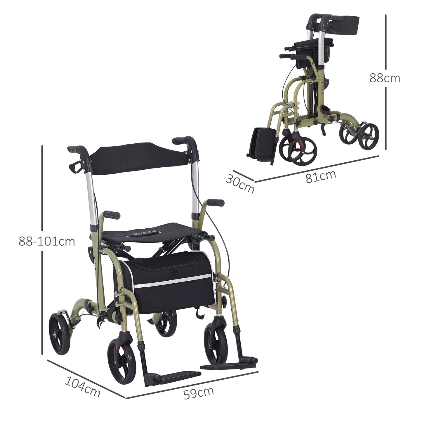 HOMCOM 2 in 1 Wheelchair & Folding Rollator Walker Combo, Yellow-green