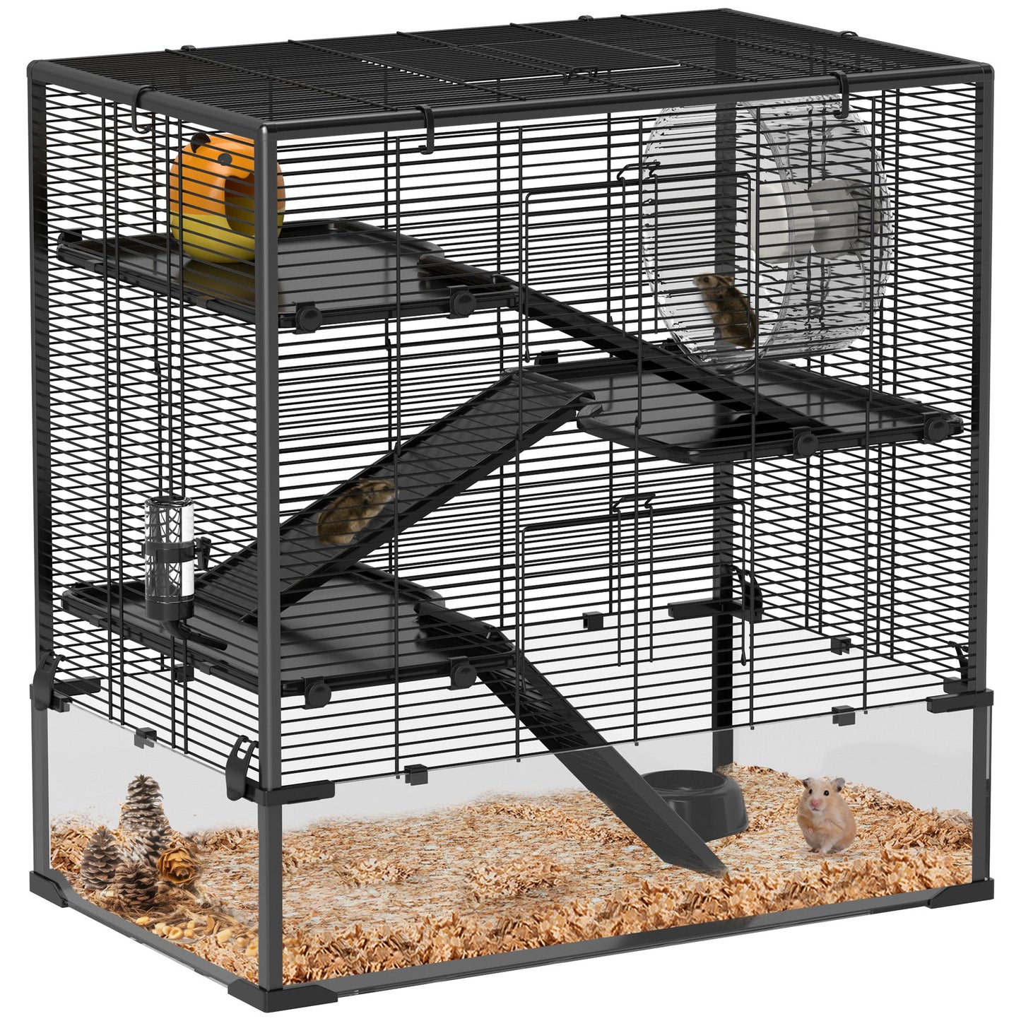 PawHut 4 Tiers Hamster Cage with Deep Tempered Glass Bottom, 60 x 40 x 80cm